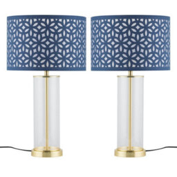 First Choice Lighting Set Of 2 Aura - Satin Brass Lamps With Navy Blue Cut Out Shades - thumbnail 1
