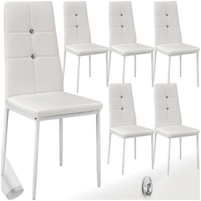 Tectake Set Of 6 Dining Chair Set - High Backrest, Slim Steel Legs & Rhinestone Highlights  - White