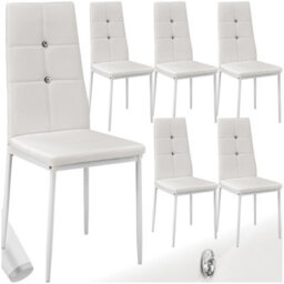 Tectake Set Of 6 Dining Chair Set - High Backrest, Slim Steel Legs & Rhinestone Highlights  - White