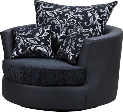 Sofas And More Large Swivel Round Cuddle Chair Fabric Chenille Leather Designer Scatter Cushions (Black/black) - image 1
