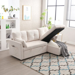 Abrihome Ectional Sleeper Sofa With Pull Out Bed, L Shape Convertible Couch With Storage Chaise, For Living Room, Apartment, Beige - thumbnail 2