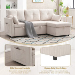 Abrihome Ectional Sleeper Sofa With Pull Out Bed, L Shape Convertible Couch With Storage Chaise, For Living Room, Apartment, Beige - thumbnail 7