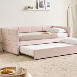 Wyld And Coco Velvet Tufted Trundle Bed Pink 3Ft Eu Single With Slide-Out Frame And Slatted Base - thumbnail 2