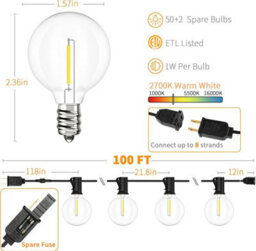 100Ft 52-Led Outdoor String Lights, Waterproof Dimmable G40 Bulbs, Warm White 2700K For Patio, Backyard, Cafe - thumbnail 2