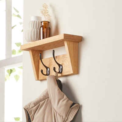 Off The Grain Wooden Coat Rack With Storage Shelf - Solid Oak Hanger - 2 Hooks - image 1
