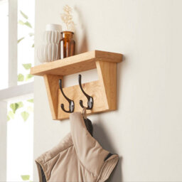Off The Grain Wooden Coat Rack With Storage Shelf -  Solid Oak Hanger - 2 Hooks - thumbnail 1