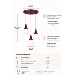 Luminosa Lighting Luminosa Lacrima Cluster Pendant Ceiling Light Burgundy White Glass Shade 3X E27 - thumbnail 4