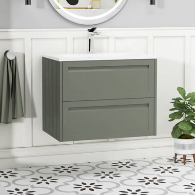 Royal Bathrooms Elmore 700mm Traditional Wall Hung 2 Drawer Cabinet Bathroom Vanity Unit With Matt Stone Basin Sink - Matt Green - image 1