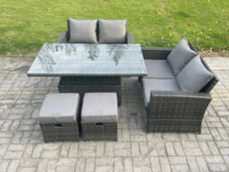 Fimous 5 Pieces Garden Furniture Sets Rattan Outdoor Patio Height Adjustable Rising Lifting Table Sofa Dining Set With Footstools - thumbnail 2