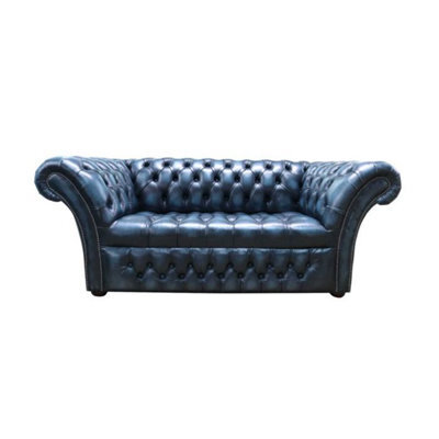 Chesterfield 2 Seater Buttoned Seat Sofa Antique Blue Leather Dbb In Balmoral Style - image 1