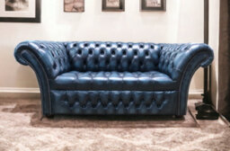 Chesterfield 2 Seater Buttoned Seat Sofa Antique Blue Leather Dbb In Balmoral Style - thumbnail 4