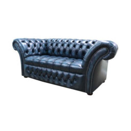 Chesterfield 2 Seater Buttoned Seat Sofa Antique Blue Leather Dbb In Balmoral Style - thumbnail 3
