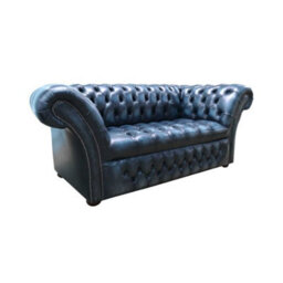Chesterfield 2 Seater Buttoned Seat Sofa Antique Blue Leather Dbb In Balmoral Style - thumbnail 2