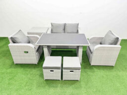 Fimous Outdoor Rattan Garden Furniture Dining Set 6-Seater  Reclining Chair Set With Side Table 2 Small Stools - thumbnail 2