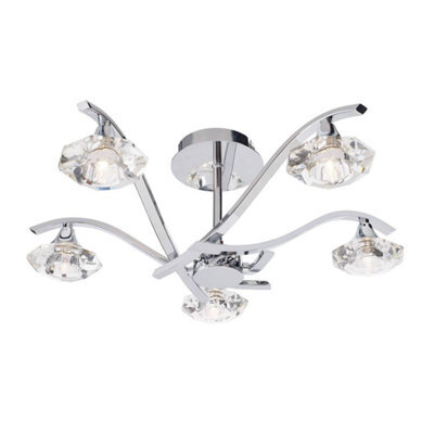 Luminosa Lighting Luminosa Langella 5 Light Semi Flush Multi Arm Ceiling Light Chrome, Clear Crystal, G9