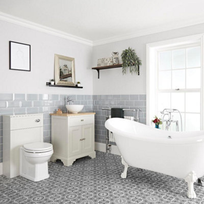 Homestylestore Antique White Bathroom Suite With Double Ended Slipper Bath And Feet, 645mm Vanity Unit And Back To Wall Toilet - image 1