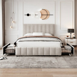 Abrihome 4Ft6 Double Upholstered Bed With 4 Storage Drawers, With Adjustable Channel Tufted Headboard, Metal-Wood Support, Beige - thumbnail 8