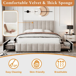 Abrihome 4Ft6 Double Upholstered Bed With 4 Storage Drawers, With Adjustable Channel Tufted Headboard, Metal-Wood Support, Beige - thumbnail 4