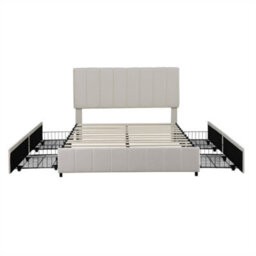 Abrihome 4Ft6 Double Upholstered Bed With 4 Storage Drawers, With Adjustable Channel Tufted Headboard, Metal-Wood Support, Beige - thumbnail 6