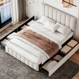 Abrihome 4Ft6 Double Upholstered Bed With 4 Storage Drawers, With Adjustable Channel Tufted Headboard, Metal-Wood Support, Beige - thumbnail 1