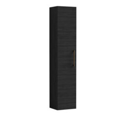 Balterley Level Modern Bathroom 1 Soft Close Door Wall Hung Tall Storage Unit, Woodgrain Black With Brushed Bronze Handle, 300 mm