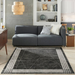 Charcoal Silver Abstract Bordered Chequered Easy To Clean Rug For Bedroom & Living Room-239Cm X 300Cm - thumbnail 1