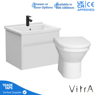 Vitra 600mm Wall Hung Bathroom Vanity Unit With 1 Drawer Includes Basin, Black Tap And Back To Wall Toilet - White Gloss - image 1