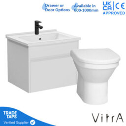 Vitra 600mm Wall Hung Bathroom Vanity Unit With 1 Drawer Includes Basin, Black Tap And Back To Wall Toilet - White Gloss - thumbnail 1