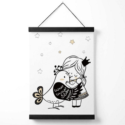 Artze Wall Art Scandi Princess Lttle Girl Hugging Bird Art Print With Black Frame Size: A4 - image 1