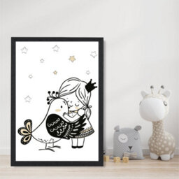 Artze Wall Art Scandi Princess Lttle Girl Hugging Bird Art Print With Black Frame Size: A4 - thumbnail 2