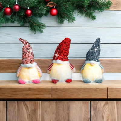 Set Of 3 Christmas Light Up Gonks - Festive Xmas Scandi Faceless Gonk Gnome Santa Novelty Decoration - 1 Pink, Silver & Red - image 1