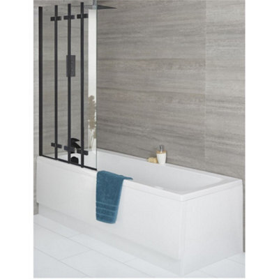 Homestylestore White Bathroom Single Ended Bath With Folding Black Screen, Side Panel, Waste And Trap 1800 X 800mm - image 1