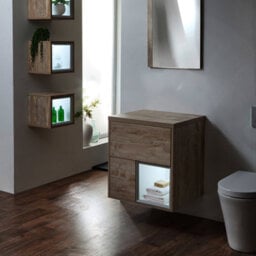 Homestylestore Light Oak 600mm Wall Hung Bathroom Vanity Unit With Countertop Basin And Led Lights - thumbnail 3
