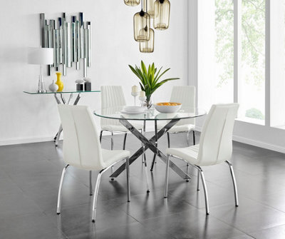 Furniturebox Uk Novara Chrome Metal And Glass Large Round Dining Table And 4 White Isco Chairs Set - image 1