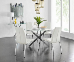 Furniturebox Uk Novara Chrome Metal And Glass Large Round Dining Table And 4 White Isco Chairs Set - thumbnail 1