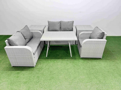 Fimous 5 Seater Outdoor Rattan Garden Furniture Set With Rectangular Dining Table 2 Side Tables Light Grey - image 1