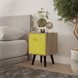 Urbn-Living Urbnliving 51Cm Height Oak Wooden Cube Storage Bookcase Yellow Inserts Scandinavian Black Legs - thumbnail 1