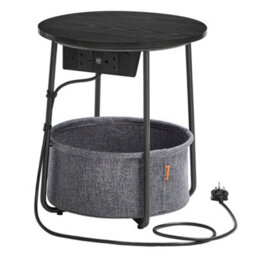 LEDREM Vasagle Side Table With Charging Station, Round End Power Outlets, Usb Ports, Fabric Basket, Living Room, Bedroom, Bedside - thumbnail 3
