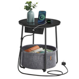 LEDREM Vasagle Side Table With Charging Station, Round End Power Outlets, Usb Ports, Fabric Basket, Living Room, Bedroom, Bedside - thumbnail 2