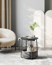 LEDREM Vasagle Side Table With Charging Station, Round End Power Outlets, Usb Ports, Fabric Basket, Living Room, Bedroom, Bedside - thumbnail 4