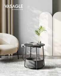 LEDREM Vasagle Side Table With Charging Station, Round End Power Outlets, Usb Ports, Fabric Basket, Living Room, Bedroom, Bedside - thumbnail 1