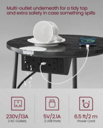 LEDREM Vasagle Side Table With Charging Station, Round End Power Outlets, Usb Ports, Fabric Basket, Living Room, Bedroom, Bedside - thumbnail 6