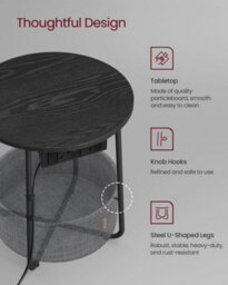LEDREM Vasagle Side Table With Charging Station, Round End Power Outlets, Usb Ports, Fabric Basket, Living Room, Bedroom, Bedside - thumbnail 8