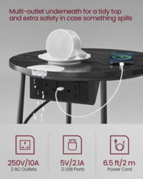LEDREM Vasagle Side Table With Charging Station, Round End Power Outlets, Usb Ports, Fabric Basket, Living Room, Bedroom, Bedside - thumbnail 5