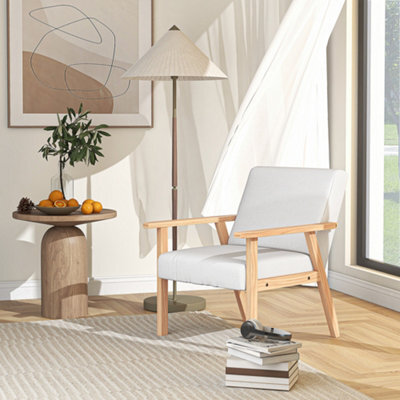 Homcom Accent Chair With Wood Frame Wide Seat Linen Armchair Cream White - image 1