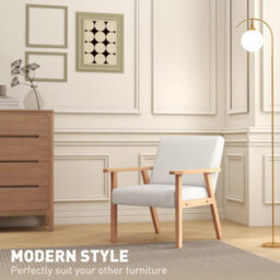 Homcom Accent Chair With Wood Frame Wide Seat Linen Armchair Cream White - thumbnail 4