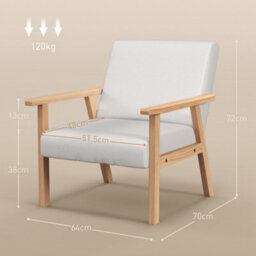 Homcom Accent Chair With Wood Frame Wide Seat Linen Armchair Cream White - thumbnail 3