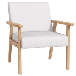 Homcom Accent Chair With Wood Frame Wide Seat Linen Armchair Cream White - thumbnail 2