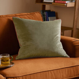 furn. Furn Meridian Plain Velvet Piped Polyester Filled Cushion, Fir Green/dark Red, 55 X 55Cm - thumbnail 1