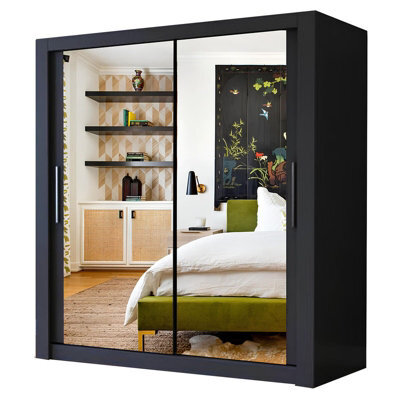 Ie Milan Sliding Mirror Door Wardrobe With Drawers & Shelves - Modern Bedroom Wardrobe, Black, (203 Cm X 216Cm ) - image 1